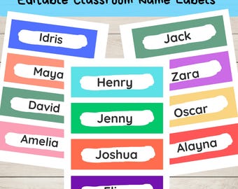 May include: Colorful classroom name labels with names like Idris, Maya, and David. Each label features a name in white text against a solid background of various colors, including blue, orange, and green. The text "Editable Classroom Name Labels" is at the top.