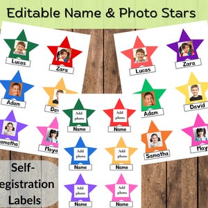 Puede incluir: Etiquetas en forma de estrella de varios colores, con fotos y nombres, perfectas para la auto-inscripción. Las estrellas son verdes, rojas, azules, amarillas y rosas. El texto incluye "Editable Name & Photo Stars" y "Self-Registration Labels".