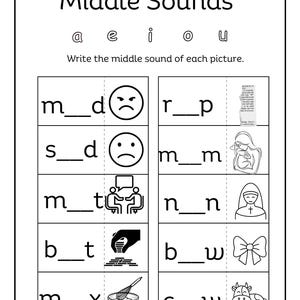 May include: Black and white worksheet with the title "Middle Sounds" and a list of vowels. The worksheet has several images with blanks for students to fill in the middle sound of each word.