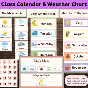 Op de afbeelding: Een kleurrijke klaslokaal kalender en weerkaart met weer, dagen van de week en maanden van het jaar. Inclusief kaarten voor data en weersomstandigheden zoals zonnig, bewolkt en sneeuw. De tekst luidt "Class Calendar & Weather Chart."