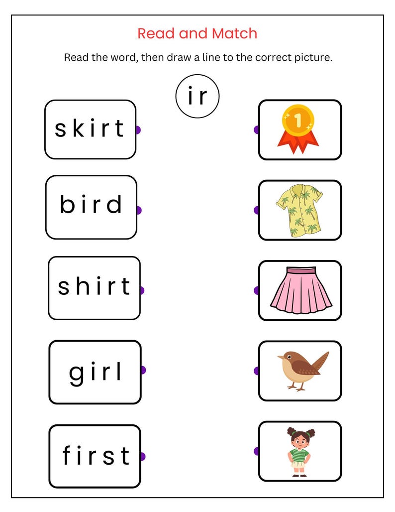Phonics Digraphs Match: Reading Worksheets for Kids (PDF) - Etsy