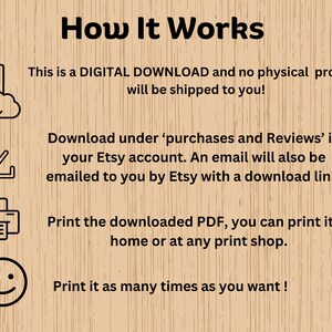 May include: A digital download instruction guide with four icons. The icons represent a document, a download arrow, a printer, and a smiley face. The text explains how to download and print a digital product purchased on Etsy.