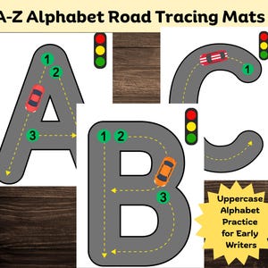 Puede incluir: Alfombras educativas con las letras mayúsculas A, B y C, diseñadas como carreteras para trazar. Cada letra tiene un camino numerado para trazar con coches de juguete. Se incluyen semáforos. Las alfombras están diseñadas para niños pequeños.