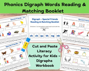 May include: A printable phonics digraph workbook for kids. The workbook features colorful illustrations and activities for learning digraphs like "sh", "ch", "qu", "th", "ng", and "nk".