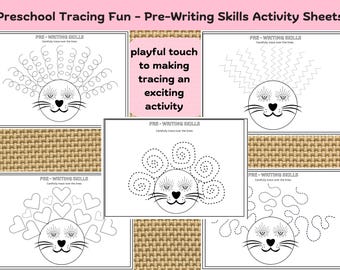 Könnte beinhalten: Fünf schwarz-weiße druckbare Arbeitsblätter für Vorschulkinder mit einer Comic-Katze mit verschiedenen Linienmustern zum Nachzeichnen. Die Arbeitsblätter sind mit "Vor-Schreibfähigkeiten" betitelt und enthalten den Text "Sorgfältig über die Linien nachzeichnen".