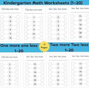Pode incluir: Folhas de exercícios de matemática para o jardim de infância com o título "Kindergarten Math Worksheets (1-20)". As folhas de exercícios incluem exercícios como "Um a menos um a mais" e "Dois a menos dois a mais". A imagem também mostra o texto "11 Pages".