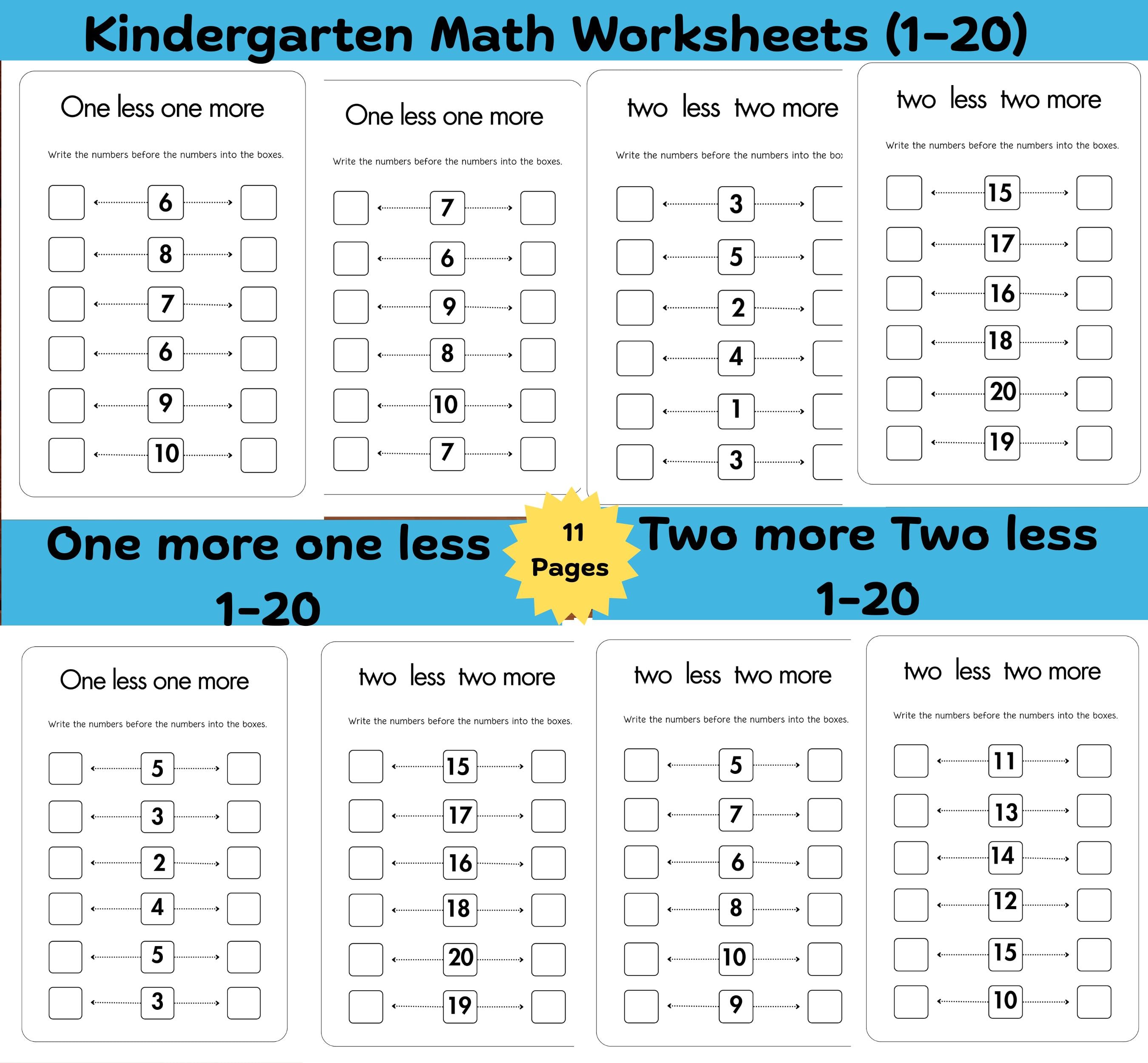 Kindergarten Math Worksheets: One More, One Less (1-20) (printable