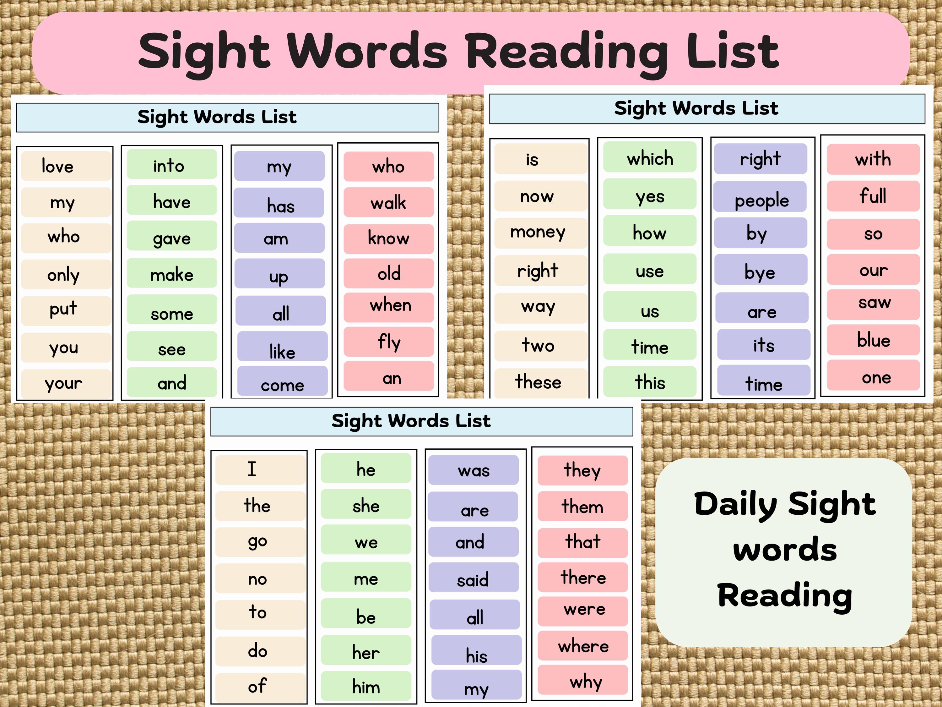 Sight Words Reading List Bookmarks: Kids Learning Tool (Digital Download)