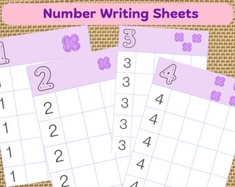 May include: Four printable worksheets for practicing writing the numbers 1, 2, 3, and 4. Each worksheet has a dotted outline of the number at the top and multiple blank lines for practicing writing the number.