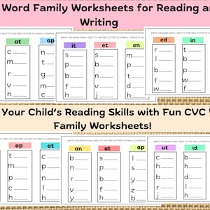 Hojas de trabajo de familias de palabras fonéticas, práctica de lectura imprimible, material educativo imprimible para niños en edad preescolar, hojas CVC para jardín de infantes