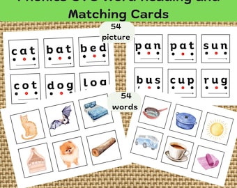 Puede incluir: Un conjunto de 54 tarjetas de lectura y coincidencia de palabras CVC de fonética. Las tarjetas presentan imágenes de objetos comunes y palabras como "gato", "murciélago", "cama", "sartén", "palmada", "sol", "cama", "perro", "pan", "autobús", "taza" y "alfombra".