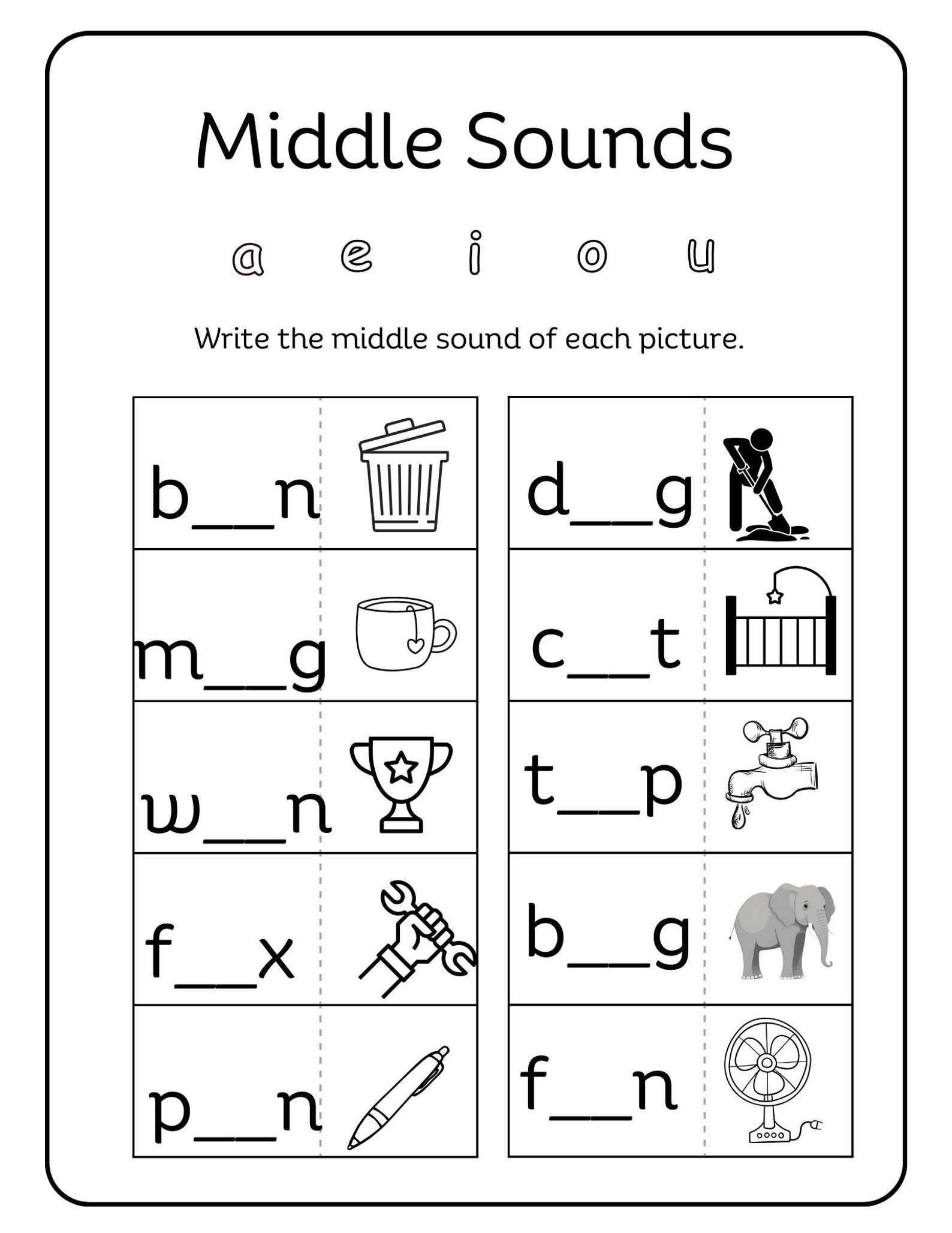 Phonics Worksheet Middle Sound Worksheets Write the Missing Letter