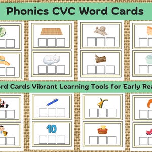 Tarjetas didácticas de palabras CVC de fonética Tarjetas de palabras de tres letras, aprender a leer Hojas de trabajo de fonética Actividad Tarjetas ilustradas de palabras CVC Alfabeto fonético