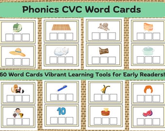 May include: Set of 60 colorful word cards featuring illustrations of various objects, each with three blank spaces for writing letters. The cards are designed to help young learners practice phonics and CVC (consonant-vowel-consonant) words. The text on the card reads "Phonics CVC Word Cards" and "60 Word Cards Vibrant Learning Tools for Early Readers!"