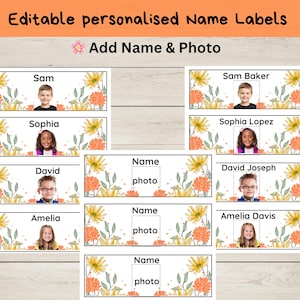 Może przedstawiać: Białe etykiety z imionami z kwiatowymi wzorami i miejscem na zdjęcie i imię. Etykiety zawierają tekst "Add Name & Photo" oraz imiona "Sam", "Sophia", "David" i "Amelia".