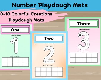 May include: Three printable playdough mats for kids to practice writing the numbers one, two, and three. Each mat has a dotted line to trace the number and a grid to match the number.