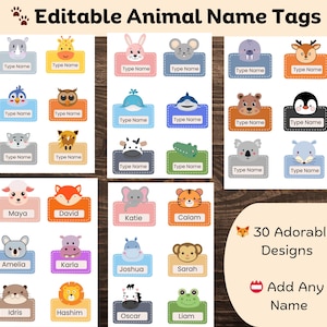 Op de afbeelding: Een verzameling bewerkbare dierennamentags met 30 schattige ontwerpen. Elke tag heeft een andere cartoon dierenillustratie, met ruimte om elke naam toe te voegen. De tags zijn in verschillende kleuren, waaronder roze, oranje, blauw en groen.