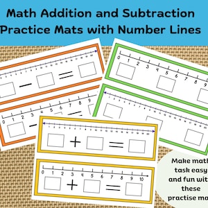 May include: Four printable number line mats for practicing addition and subtraction. Each mat features a number line from 0 to 10 or 0 to 20, with blank boxes for students to write in numbers and solve math problems. The mats are yellow, orange, and green.