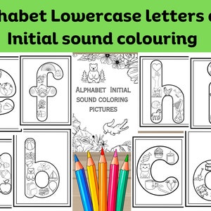May include: Black and white printable alphabet coloring pages featuring lowercase letters with initial sound pictures. The title of the printable is "Alphabet Initial Sound Coloring Pictures".