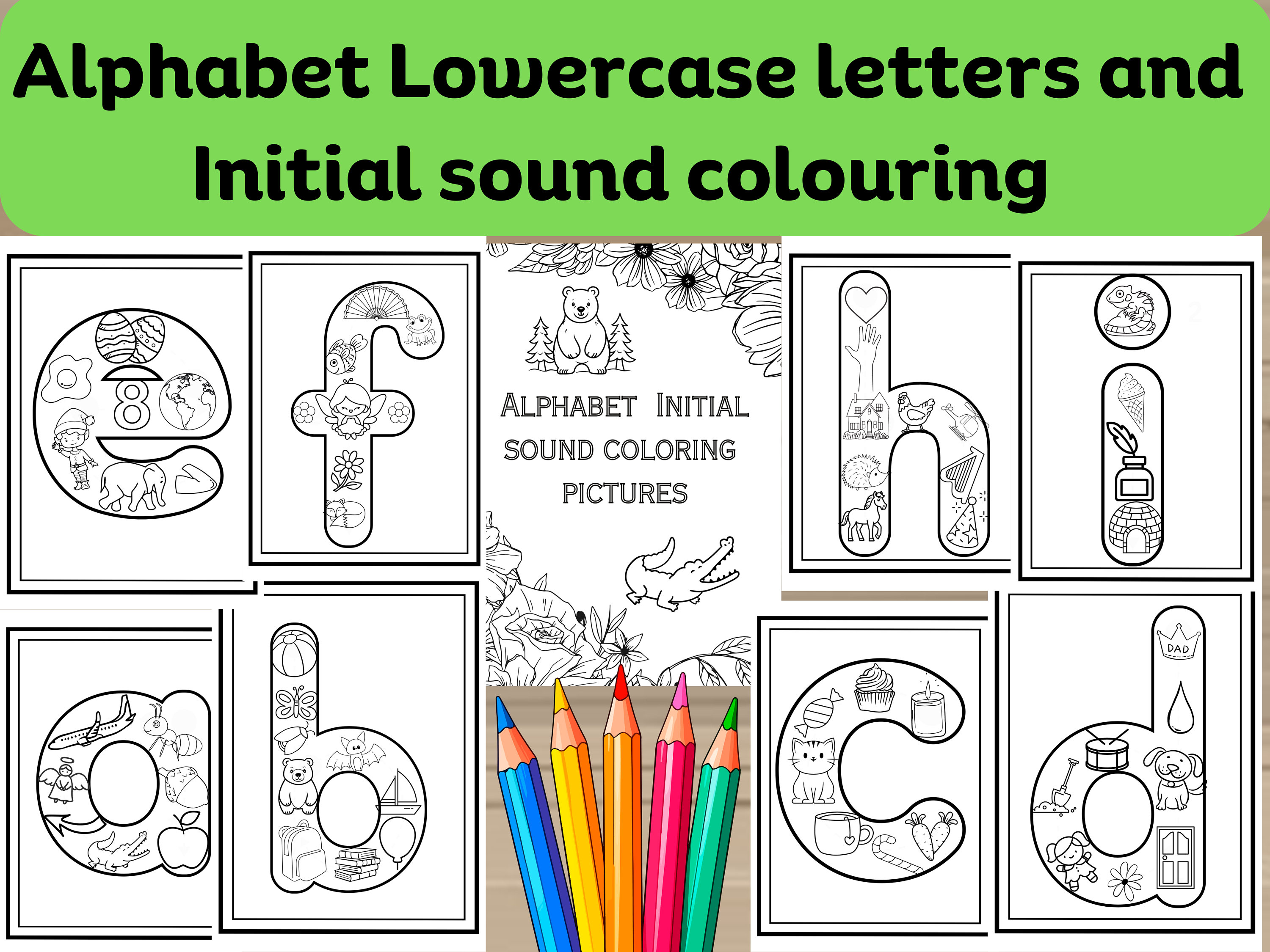 A-Z Lowercase Letters and Initial Sound Coloring Pictures