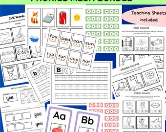 Phonics Mega Bundle: 150+ Printable Pages, CVC Words, Flashcards (PDF Download)