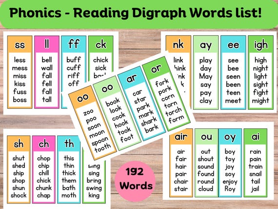 Phonics Digraph Bookmarks: Early Reading Words List (192 Words)