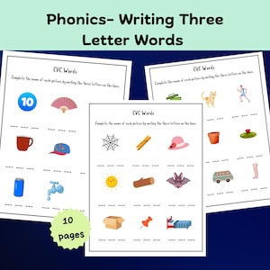 May include: A printable worksheet with 10 pages of CVC word activities for kids. Each page features a colorful illustration and blank lines for writing the three-letter words.