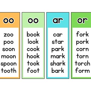 以下が含まれることがあります： 「oo」「oo」「ar」「or」という文字の組み合わせが黒で印刷された、カラフルなフラッシュカード4枚。各カードには、対応する音を持つ単語のリストが記載されています。例えば、「zoo」「book」「car」「fork」などです。
