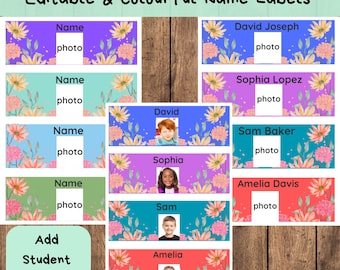 May include: Colorful name labels with floral designs and space for a photo. The labels are in various colors, including purple, blue, green, and red. Text on the labels includes "Name," "photo," and student names. The image also includes the text "Editable & Colourful Name Labels."