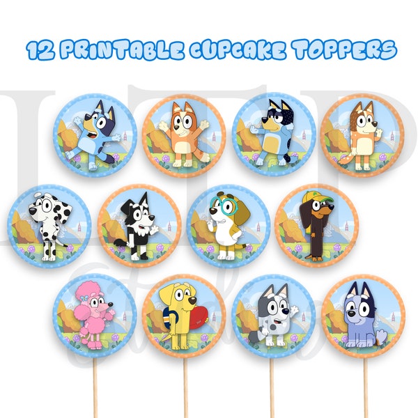 Bluey Cupcake Toppers für Partys | Digitaler Cupcake Topper | Party Cupcake Topper | Druckbare Cupcake Topper