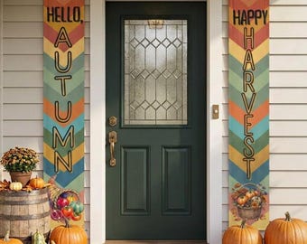 Hello Autumn Happy Harvest Vertical Porch Banner, Colorful Front Door Decor, Autumn Hanging Signs