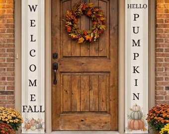 Welcome Fall Pumpkin Vertical Door Banner, Two Panel Autumn Porch Decor