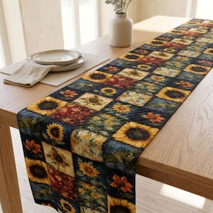 May include: A quilted table runner featuring a patchwork design of sunflowers and deep red floral patterns on a dark blue background. The runner is laid out on a light wood table, with a white ceramic plate and a folded napkin nearby.