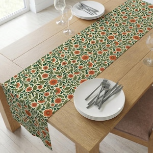 Vintage Floral Table Runner – Green and Orange Botanical Pattern Farmhouse Cottagecore Spring Dining Decor