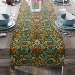 William Morris Inspired Abstract Table Runner: Green Leaf Pattern, Fall Home Decor