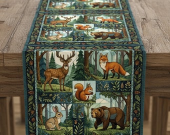 Camino de mesa acolchado con animales del bosque: decoración rústica de cabaña de montaña y bosque, 35 x 183 cm