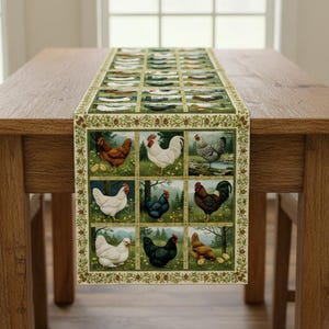 May include: A rectangular table runner featuring a repeating pattern of chickens in various colors and poses. The runner has a cream-colored background with a green border and is displayed on a wooden table.