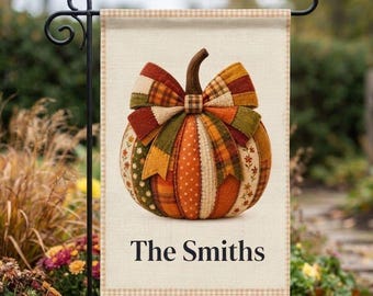 Personalized Fall Garden Flag, Patchwork Pumpkin, Farmhouse Porch Decor (12x18" Linen)