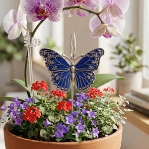 May include: A terracotta pot containing a blooming orchid with light purple and white petals, small red flowers, and purple bell-shaped flowers. A silver-toned metal butterfly ornament with blue enamel wings is positioned in the center of the plant.