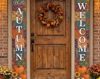 Hello Autumn Welcome Porch Banner, Farmhouse Fall Door Decor Faux Patchwork Autumn