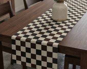 Neutral Brown Checkered Table Runner, Modern Farmhouse Dining Decor, Minimalist Home Accent