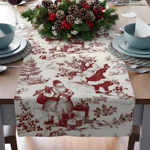 Red Toile Christmas Table Runner: Vintage Pine Tree Holiday Decor