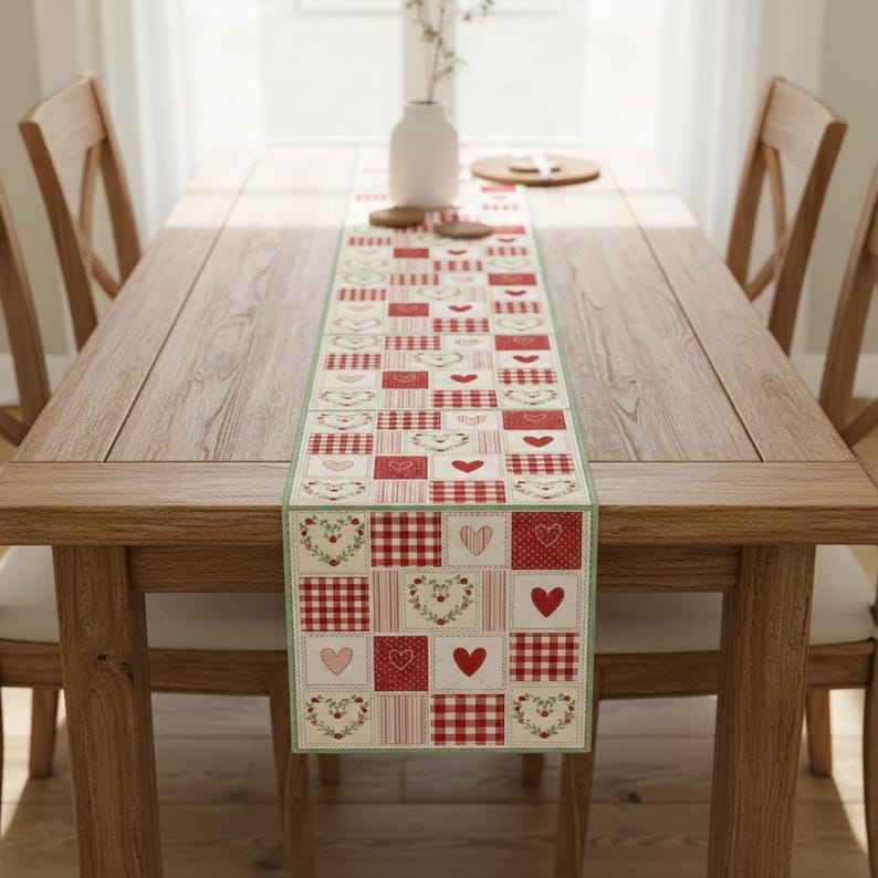 Valentine’s Day Quilted Table Runner – Red and White Patchwork Heart ...