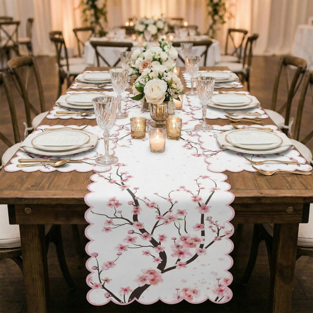 Cherry Blossom Placemats – Set of 4 Scalloped Edge Spring Floral Table ...