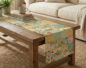 Runner da tavolo con stampa patchwork floreale gialla – Decorazione da pranzo Cottagecore (14x72'')
