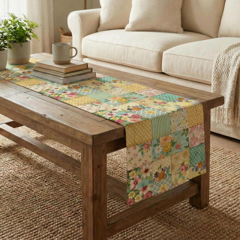 Op de afbeelding: Een patchwork tafelloper met een bloemenpatroon in pastelkleuren geel, roze en blauw. De loper ligt op een rustieke houten salontafel, met een beige bank op de achtergrond. Een stapel boeken en een mok staan op de tafel.