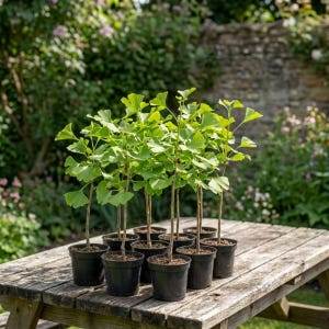May include: A collection of young Ginkgo Biloba trees in black plastic pots, arranged on a weathered wooden picnic table. The trees have vibrant green, fan-shaped leaves and slender brown trunks. The background features a blurred garden setting with a stone wall.