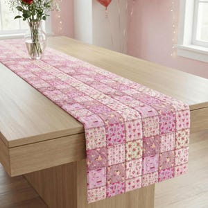 Purple Pink Valentine Quilted Table Runner:  Patchwork Print Table Decor Farmhouse Dining Accent 14x72''