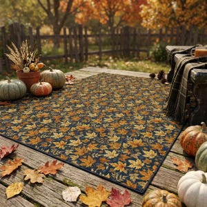 May include: A rectangular area rug featuring a dark background with a dense pattern of orange, yellow, and brown maple leaves. The rug is placed on a wooden deck surrounded by various pumpkins, a potted plant, and a plaid blanket on a bench.