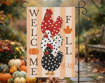 Farmhouse Fall Garden Flag | Polka-Dot Chickens, Pumpkins (Double-Sided)